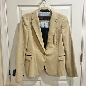 Zara Basic Women’s Beige Blazer with Navy Suede Elbow Patches – Size L